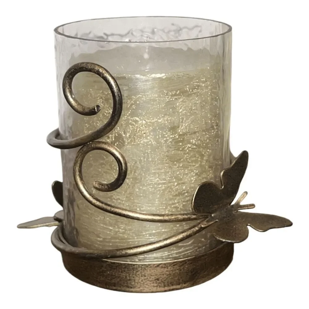 Decorative Glass Candle Holder with Butterfly Accents, 5 x 3.5 inches